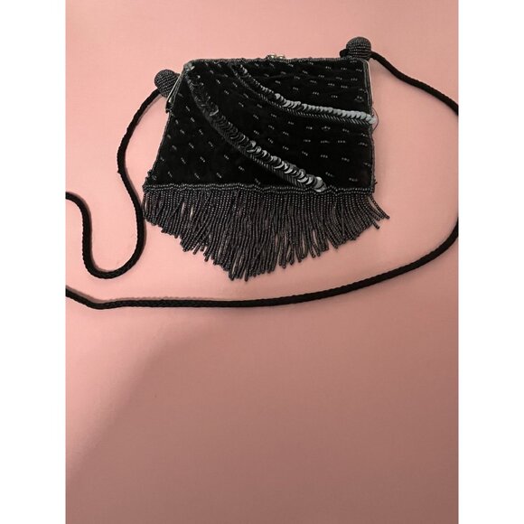 Vintage Black Beaded Evening Purse With Fringe & Long Strap - Picture 6 of 7